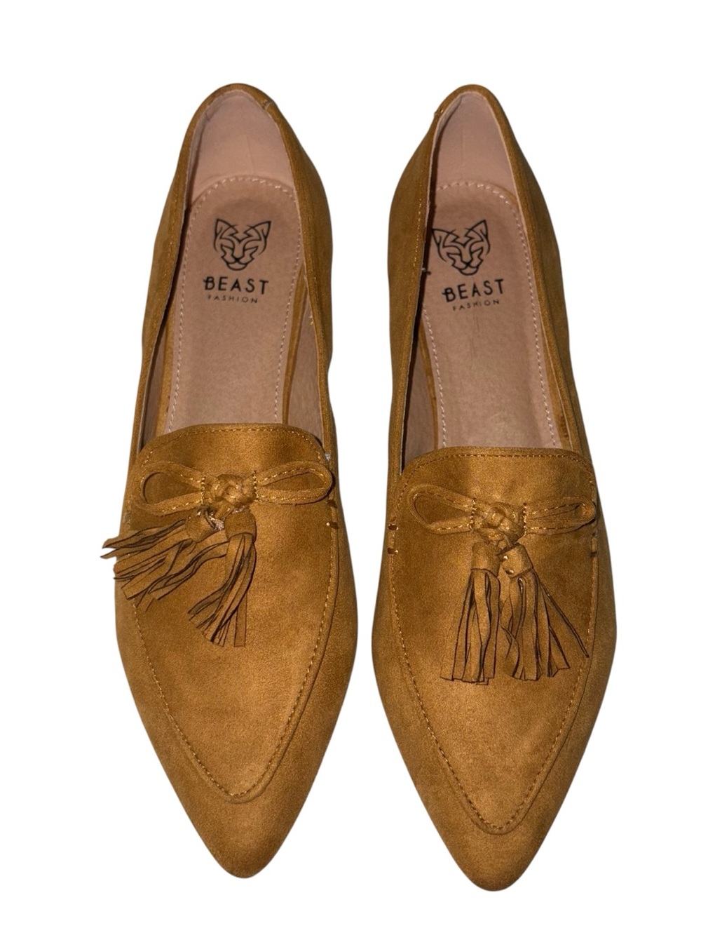 BEAST FASHION Tan Suede Pointed Tassel Loafers for Women